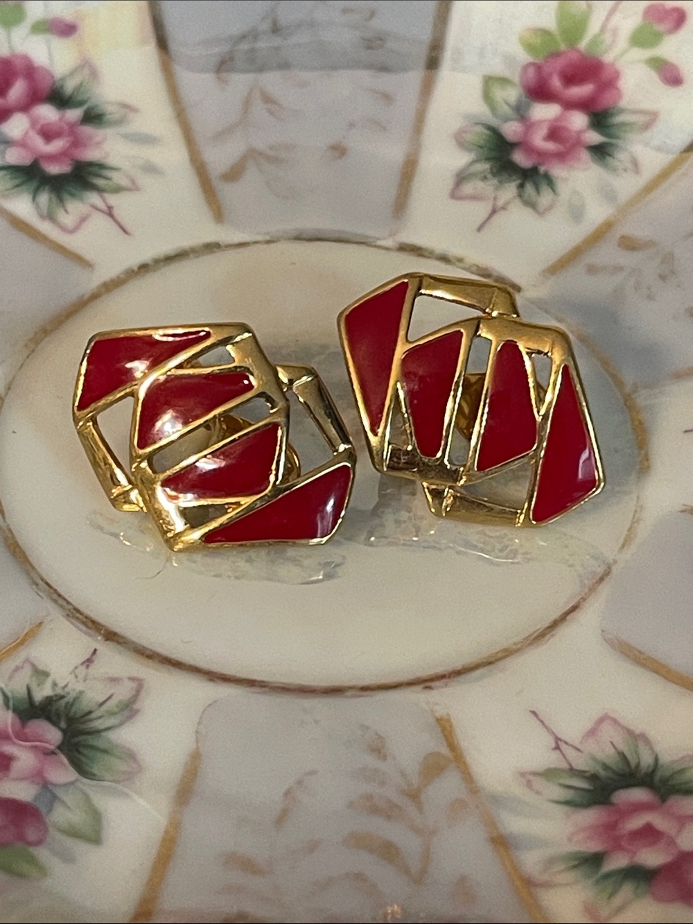 1980’s Monet Geometric Gold-Tone & Red Enamel Clip-On Earrings